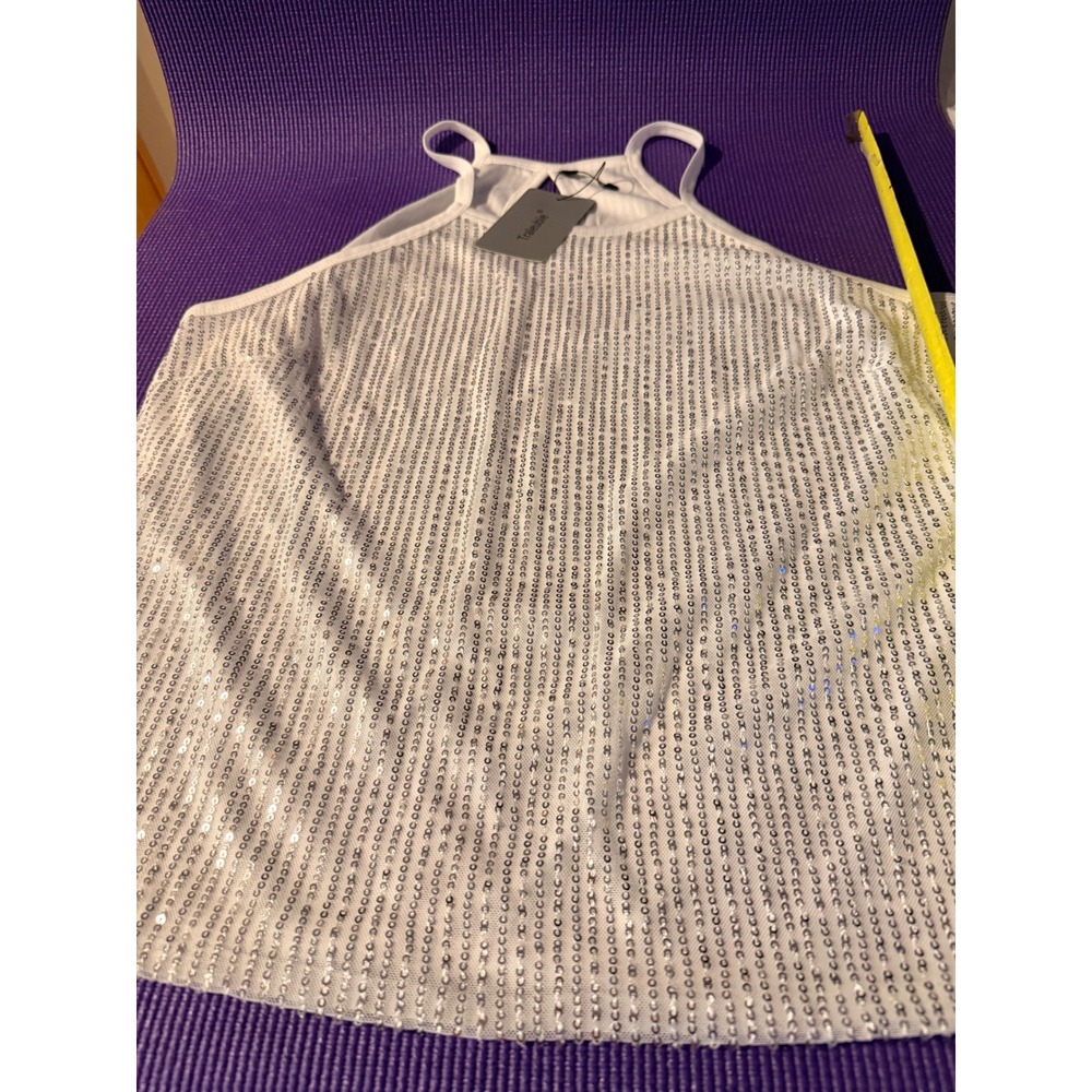 Traleubie White Sequin Halter Tank Top Sparkly Party Blouse Large NWT
